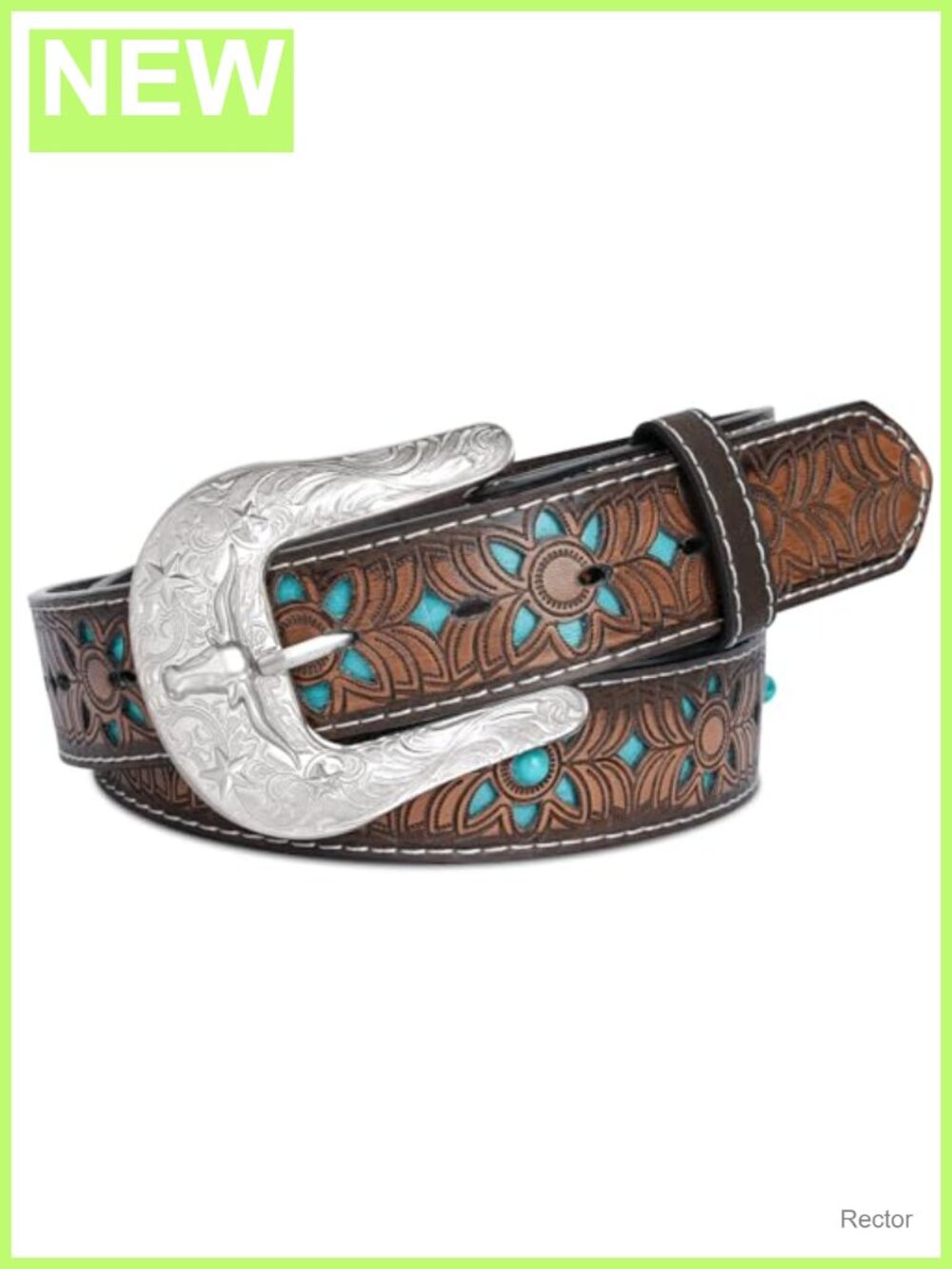 Women's Western PU Leather Belt Carved Buckle Turquoise Accents Cowgirl